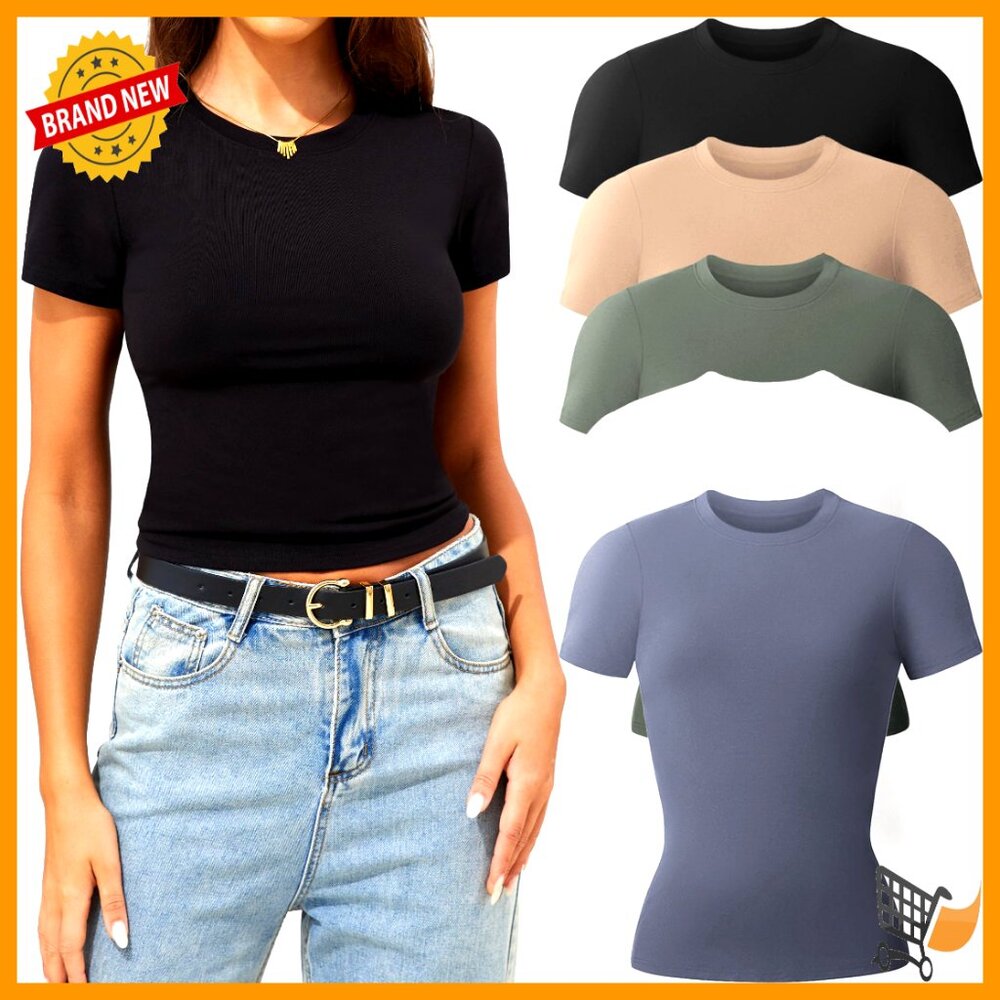 3 Pack Women's Crew Neck T-Shirts, Stretchy Fitted Basic Tees For Layering
